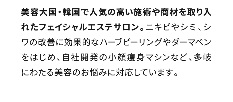 美容大国・韓国で人気の高い施術や商材を取り入れたフェイシャルエステサロン